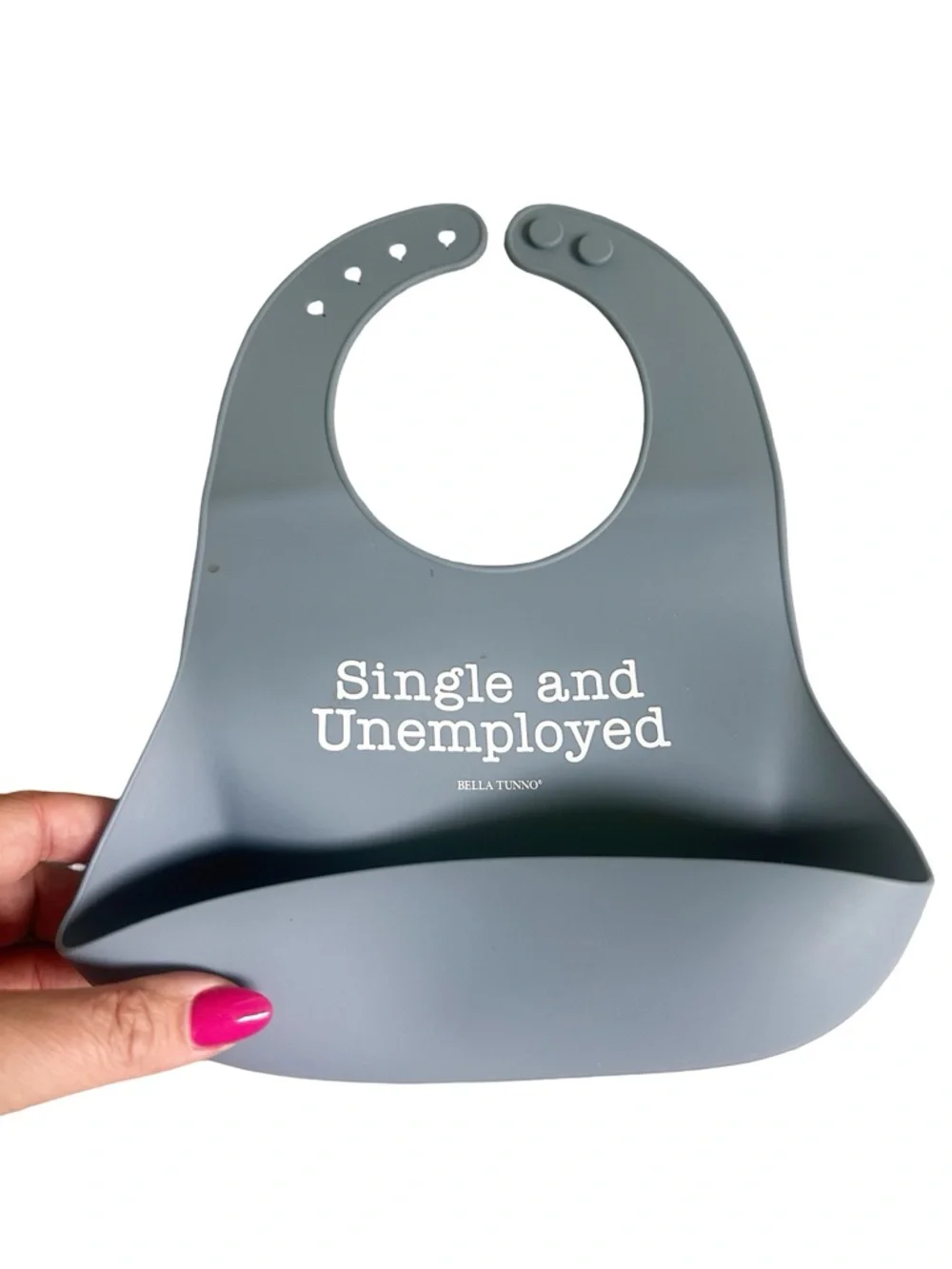 Bella Tunno ‘Single and Unemployed’ Silicone Bib Grey Blue